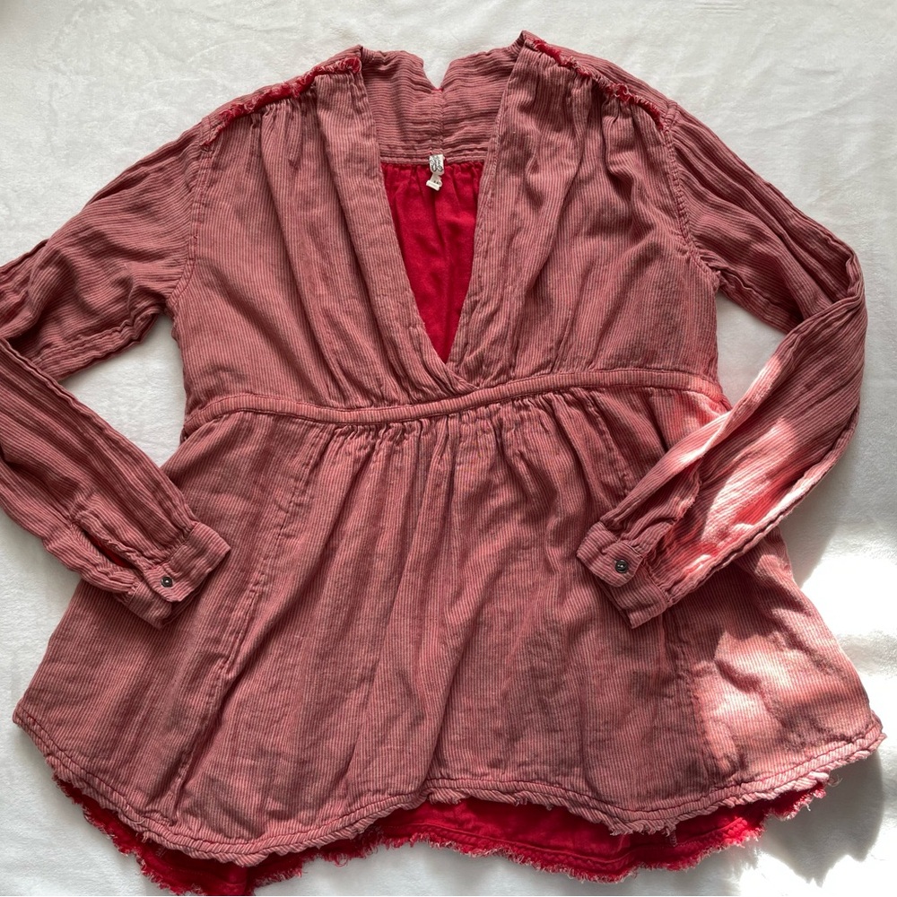 Free People Red & Beige Striped Fringe‎ Hem Beach Boho Cinch Waist Pullover Top